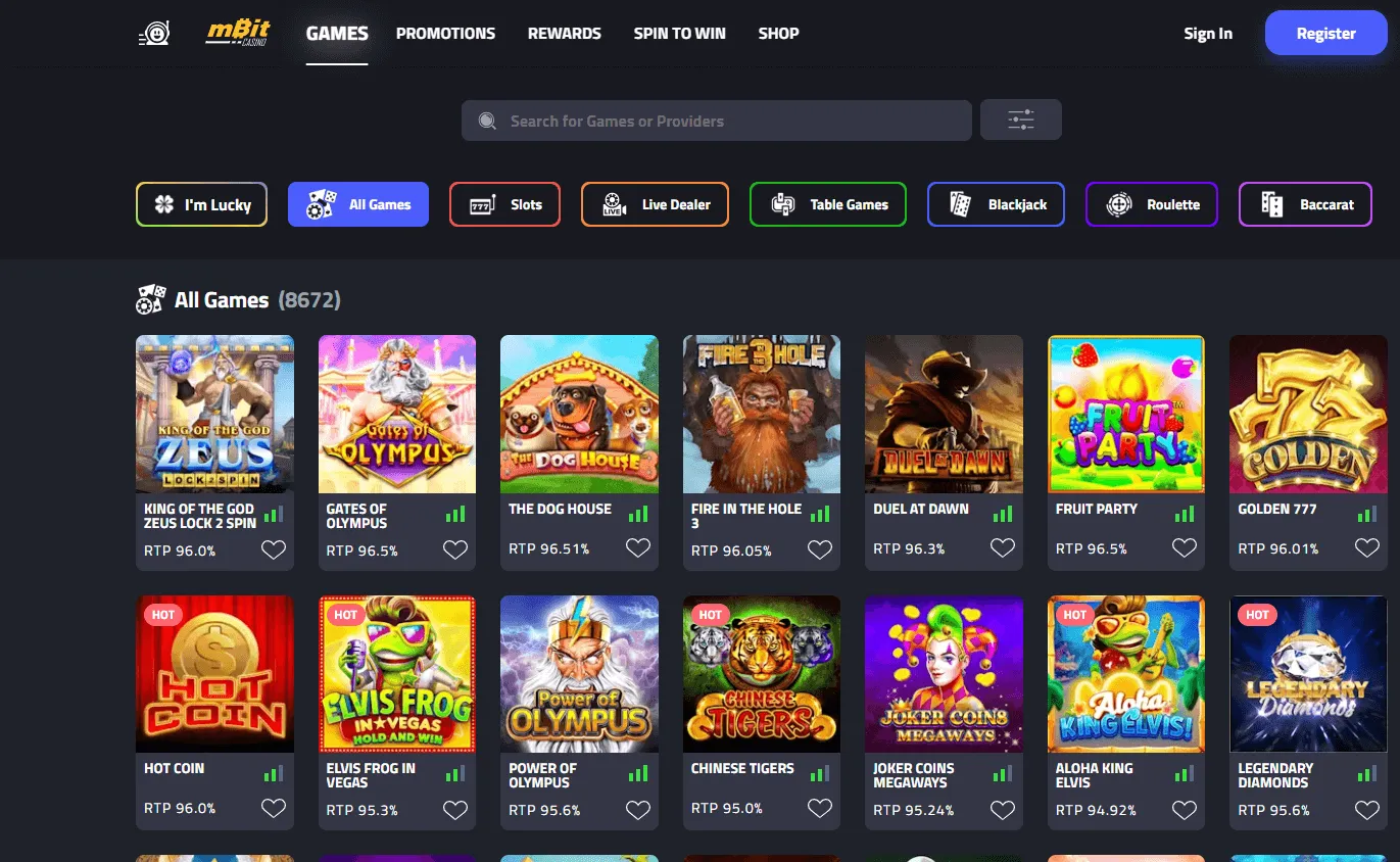 Mbit Casino games area on desktop
