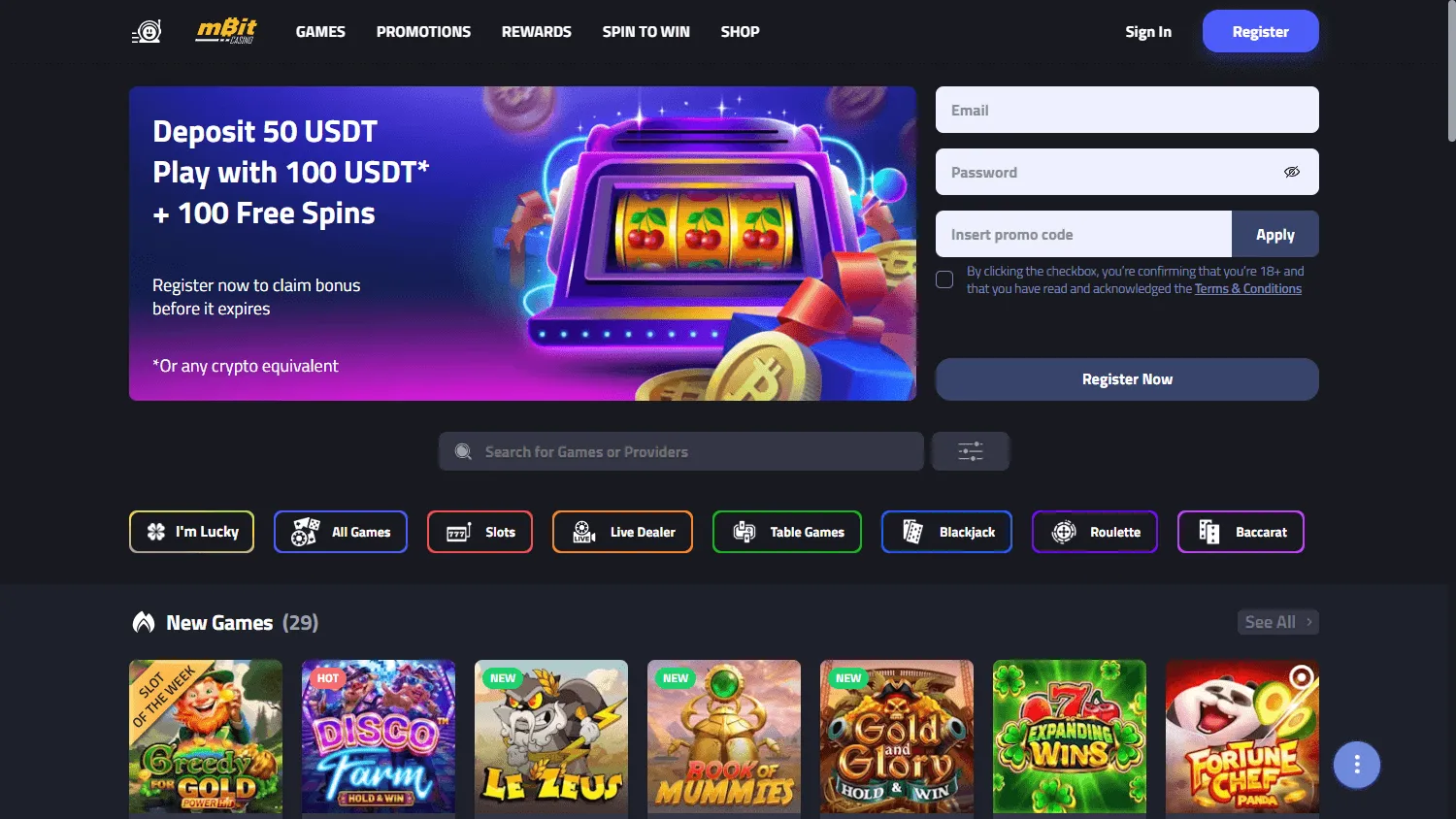 Mbit Casino home page on desktop