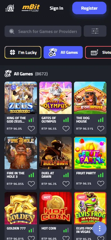 Mbit Casino games area on a mobile device