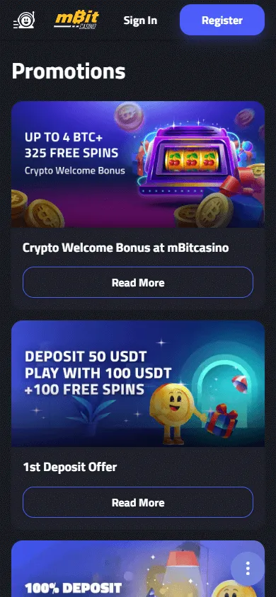 Mbit Casino promotions area on a mobile device
