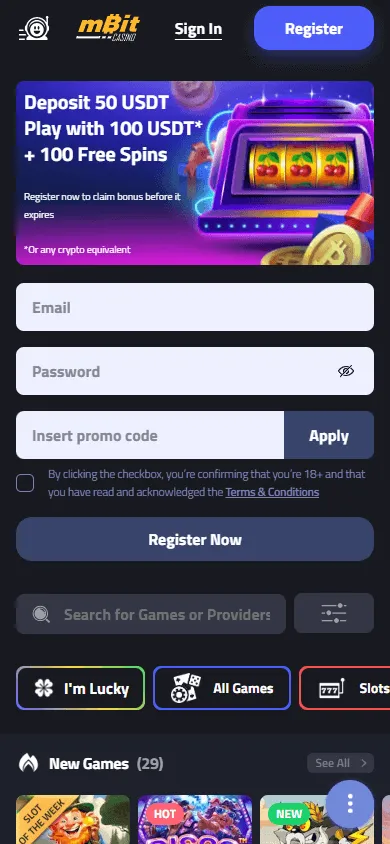 Mbit Casino home page on a mobile device