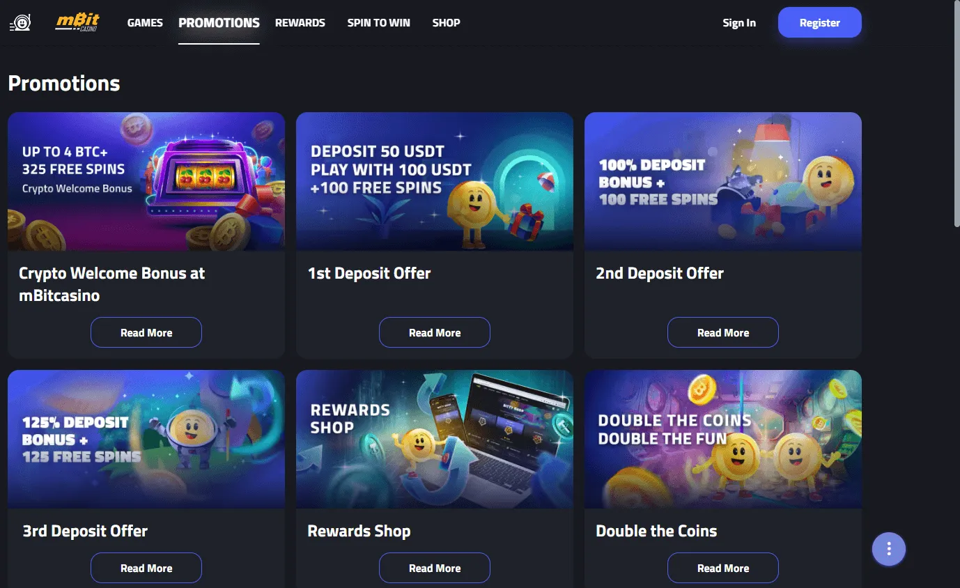 Mbit Casino promotions area on desktop